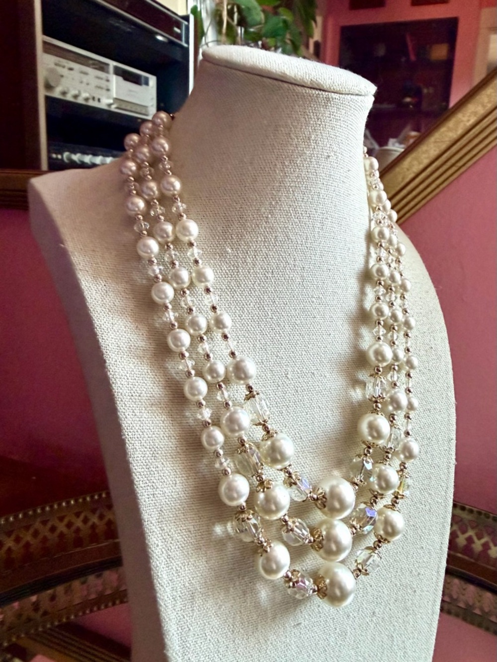 1960's Glamorous Bride 3-Strand Aurora Borealis Crystal and Pearl Japan Necklace